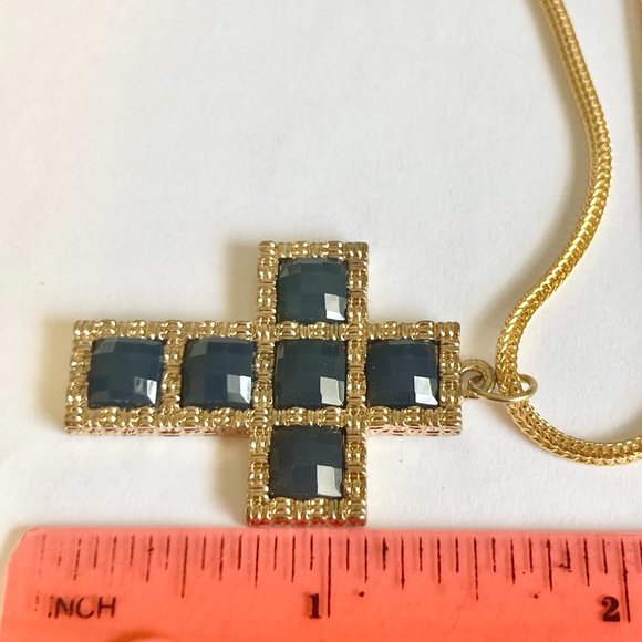 Vintage Gold Cross Pendant Necklace Green Crystal Plated 24" Chain Christian - Picture 10 of 10